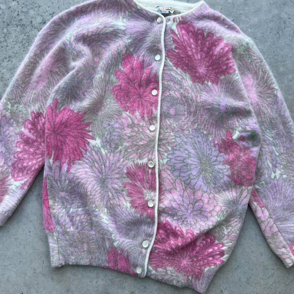 True Vintage 50s 60s Floral Cardigan Angora Rabbit Lambs Wool Women's XS-Small - Picture 4 of 8